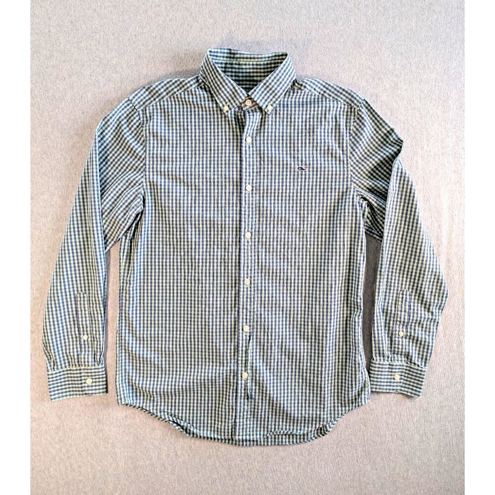 Vineyard Vines Mens M Green Blue Check Long Sleeve Woven Cotton Whale Shirt